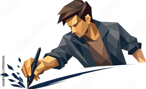 Low-poly vector illustration of a designer executing a confident pen stroke, single creative professional with sharply faceted