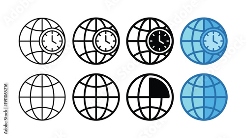 Globe Icons with Clocks on White Background