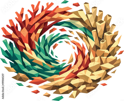 Low-poly vector illustration of help coral reef swirl as a direct hero depiction, vibrant coral formations constructed from sharp