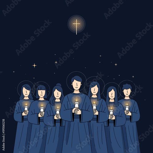 Solemn Procession of Individuals Holding Candles Under a Symbol of Spirituality