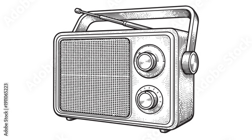 Portable transistor radio with tuning dial vector engraving style isolated on white background for broadcast branding technology poster and electronics art