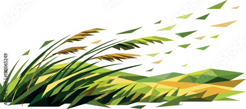 Low-poly vector illustration of a meadow wind sweep as a direct hero depiction, wide open meadow constructed from sharp