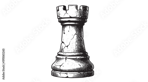 Chess rook piece vector engraving style isolated on white background for strategy game logo design tournament poster and board game illustration
