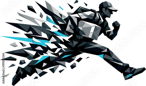 Low-poly vector illustration of a courier breaking through with renewed speed, stride fully extended and posture locked forward,