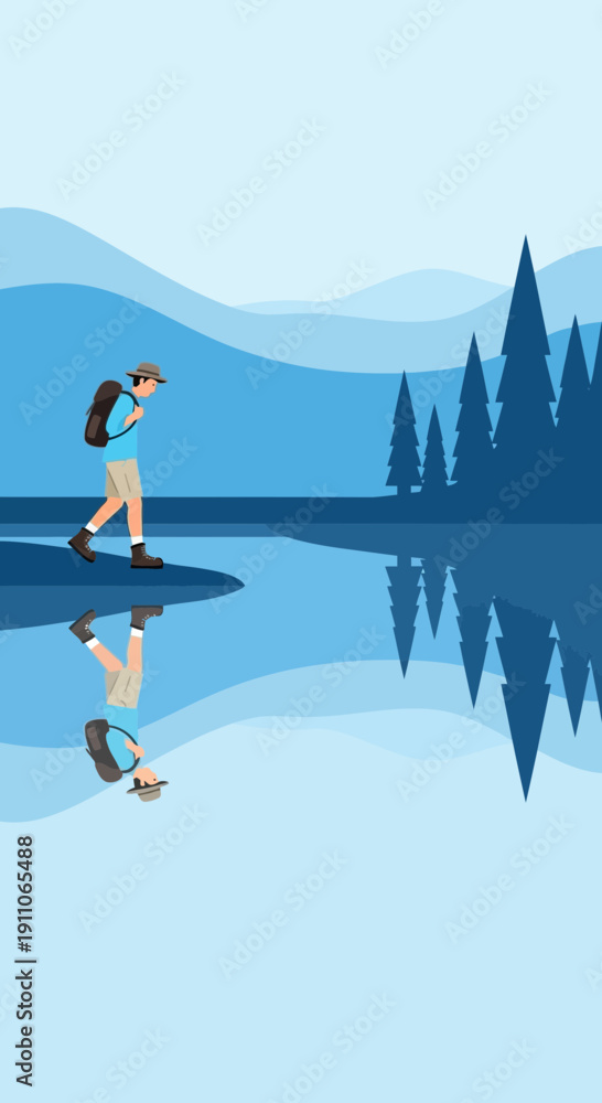 Fototapeta premium Solo Hiker's Reflection: A Tranquil Scene Depicting Serene Exploration in Nature's Embrace