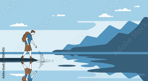 Solo Explorer Steps Into Reflective Waters Towards Majestic Mountains