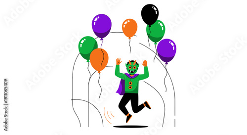 Spooky Celebration Vibes With A Masked Figure And Festive Balloons