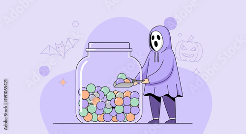 Spooky Character Scooping Colorful Halloween Candies From A Giant Jar