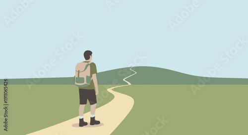 Solo Hiker Looks Towards Distant Winding Path Up Hill