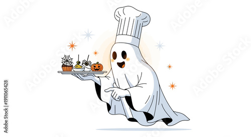 Spooky Chef Ghost Serving Halloween Treats With A Smile And Chef Hat