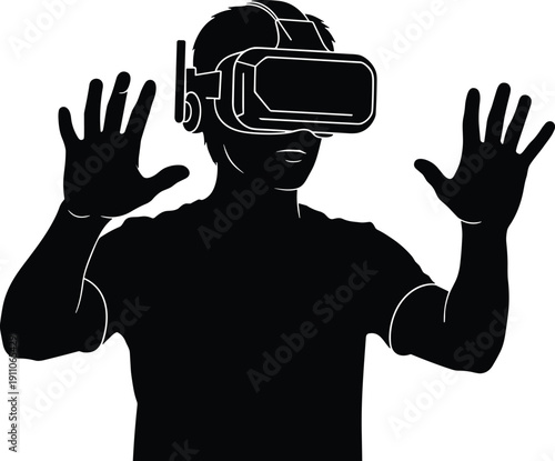 Black and white silhouette of a young man wearing virtual reality glasses and touching the air with hands