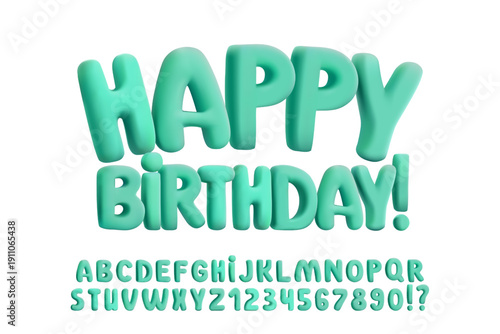 Inflatable balloon font, 3D plasticine rubber effect. Glossy green bubble letters. Chubby retro festive Y2K aesthetic for birthday party poster, playful design. Kids graphics, creative title display