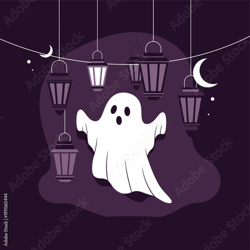 Spooky Ghost Amongst Lanterns Under Crescent Moon Atmosphere Festive Halloween