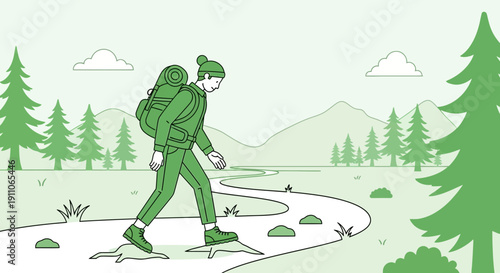 Solo Hiker Traversing A Winding Forest Path Amidst Verdant Scenery