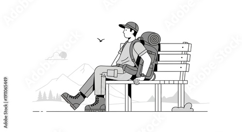 Solo Hiker Resting On A Scenic Mountain Bench