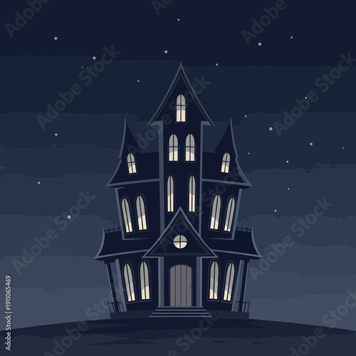 Spooky Gothic Mansion Illuminated Against A Starry Night Sky