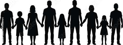 Black and white silhouette of a large family with parents and three children standing together holding hands in a row