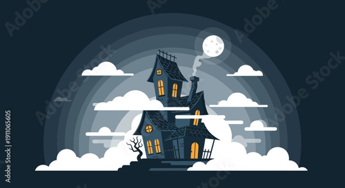 Spooky Haunted House Silhouette Under A Full Moon And Clouds