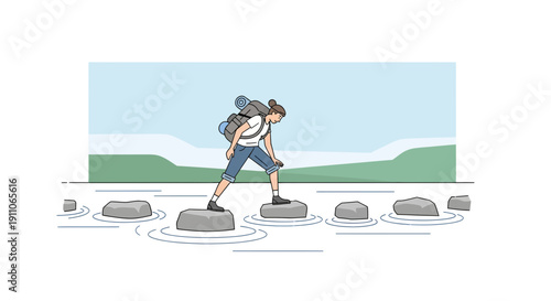 Solo Traveler Navigates Rocky River Crossing With Backpack