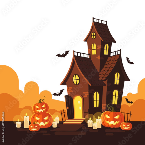 Spooky Haunted House With Carved Pumpkins And Bats At Night