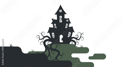 Spooky Haunted Mansion Silhouette Surrounded By Twisted Trees On A Hillside