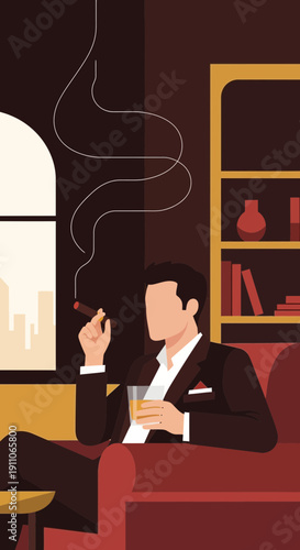 Sophisticated Gentleman Enjoying Whiskey and Cigar In A Luxurious Lounge