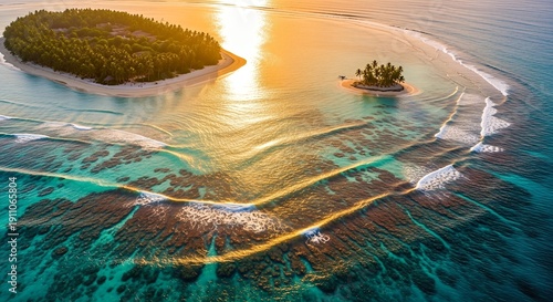 Stunning aerial view of tropical islands and vibrant coral reef during golden hour