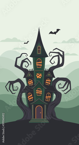 Spooky Haunted Mansion With Twisted Trees And Bats At Dusk