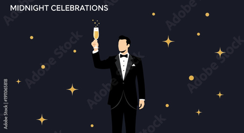Sophisticated Gentleman Toasts New Year With Champagne Amidst Twinkling Stars