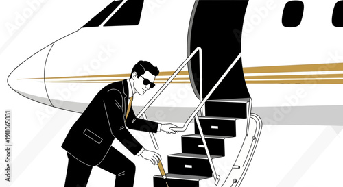 Sophisticated Individual Ascending Private Jet Stairway Illustrating Wealth and Luxury