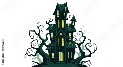 Spooky Haunted Mansion With Twisted Trees For Halloween Decorations