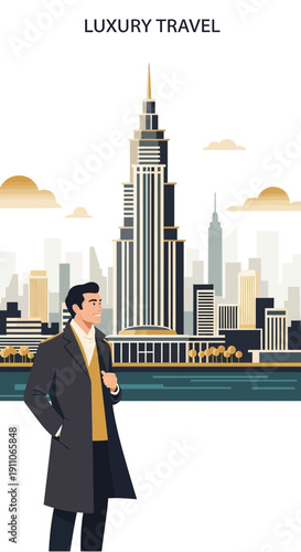 Sophisticated Man Admiring Iconic Cityscape Skyline Above Water