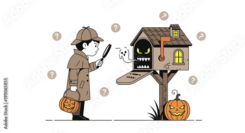 Spooky Investigator Boy Discovers Haunted Mailbox with Ghost and Pumpkins Halloween Theme