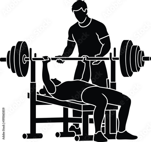 Black and white silhouette of two men in a gym training with a spotter helping a weightlifter on a bench press