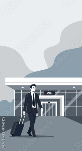 Sophisticated Traveler Arrives At Exclusive VIP Entrance With Luggage