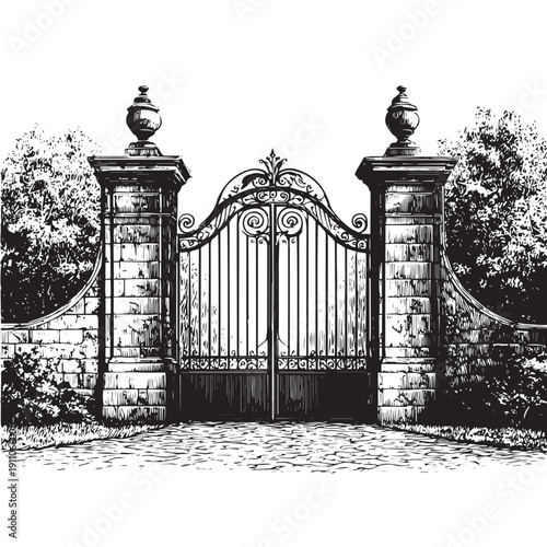 Estate gate with stone pillars and trees vector engraving style isolated on white background for property entrance illustration luxury real estate branding and architecture poster