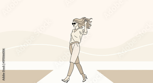 Stylish Woman Strides Confidently On Minimalist Fashion Runway