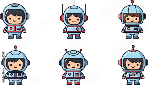 Cartoon astronaut characters in space suits isolated on white background