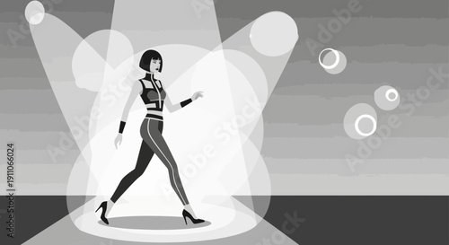 Stylish Woman Striding Under Spotlights In Minimalist Fashion Show Setting