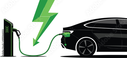 Black electric car charging at station with green lightning bolt symbol representing eco friendly transport and renewable energy technology.