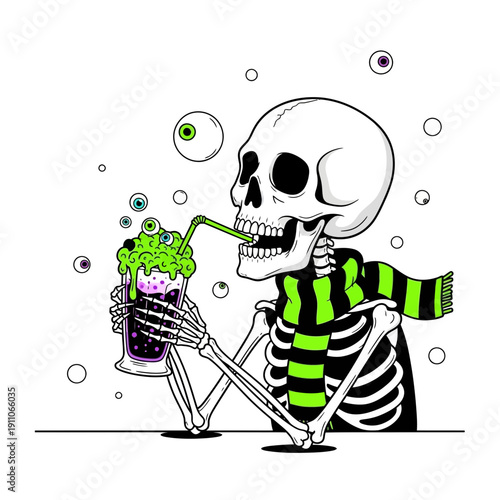 Spooky Skeleton Enjoying A Vibrant Cocktail With Eyeball Garnishes