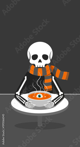 Spooky Skeleton Enjoying A Delicious Bowl Of Halloween Soup With A Single Eyeball