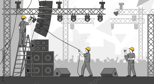 Stage Crew Rigging Sound System For Live Concert Event Setup