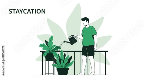 Staycation Joy Watering Plants on Balcony Relaxing Lifestyle