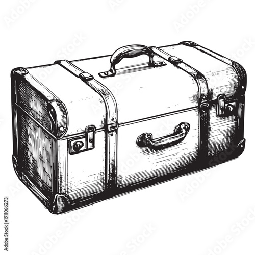 Travel suitcase luggage with straps and handle vector engraving style isolated on white background for tourism branding poster design packing checklist and product catalog
