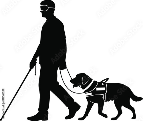 Blind man silhouette walking with white cane and assistance dog representing accessibility disability support and independence for visually impaired.