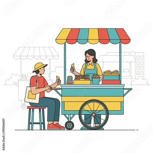 Street Food Vendor Serving Customer Delicious Snacks From Colorful Cart