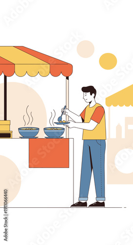 Street Food Vendor Serving Hot Meals From A Colorful Stall