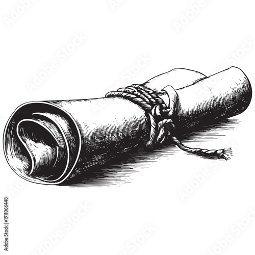 Rolled parchment scroll tied with string vector engraving style isolated on white background for certificate diploma illustration archival branding and document template