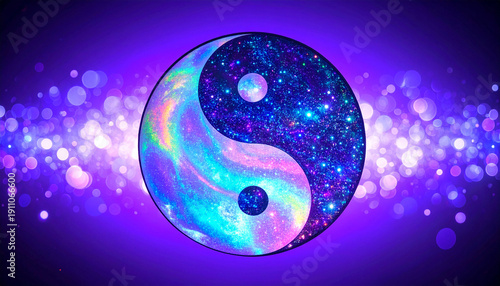 Cosmic Yin Yang Illustration. Balance. Meditation. Bokeh Effect.